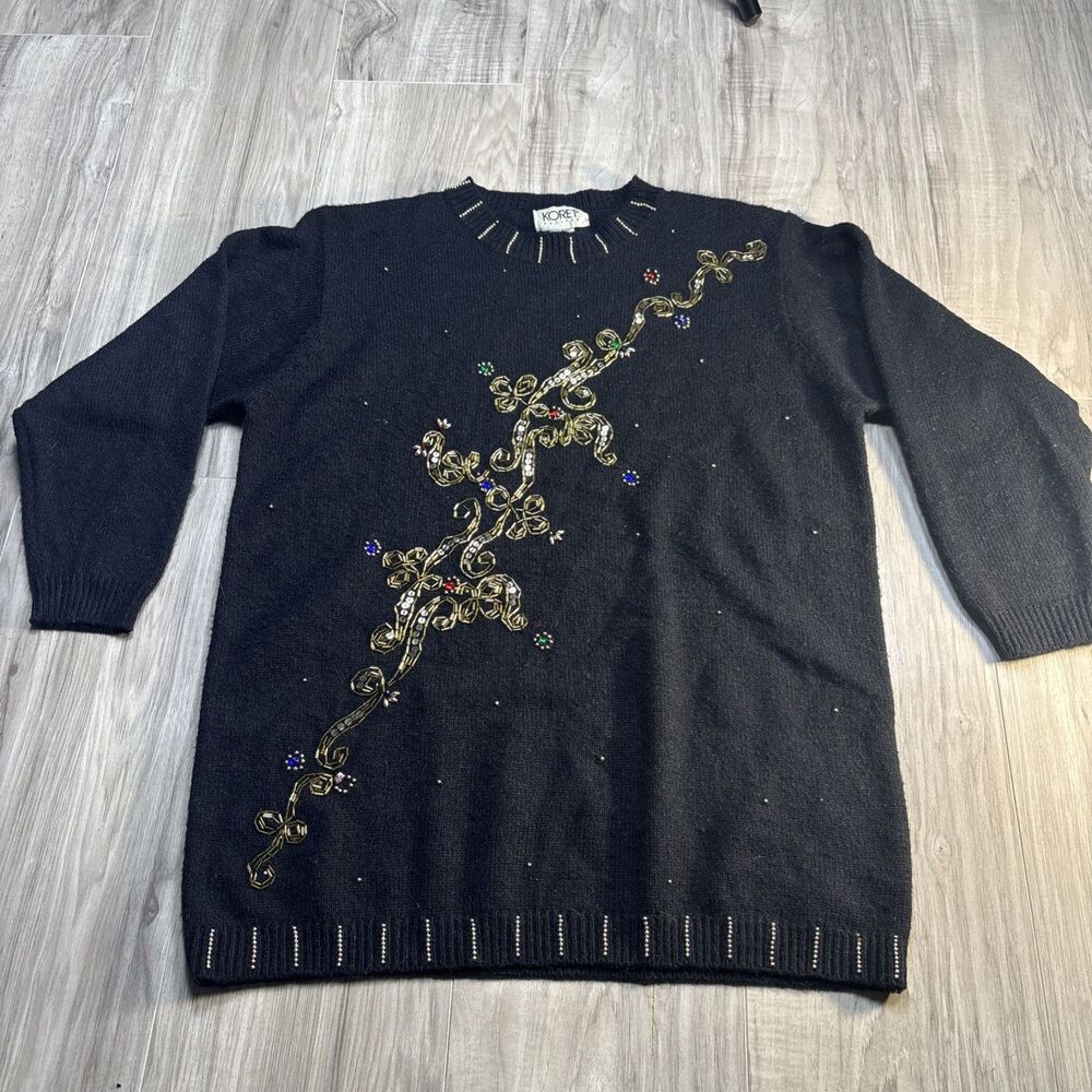 Koret Vintage 90s Beaded Sequin Black Christmas Knit Sweater Holidays Small